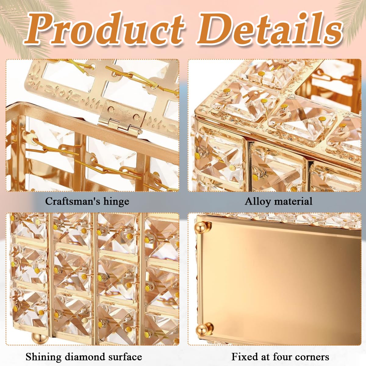 HASTHIP Tissue Box Holder for Home and Car with Crystal Glass Beads 7.4x4.3x3.9 in | Elegant Gold Finish