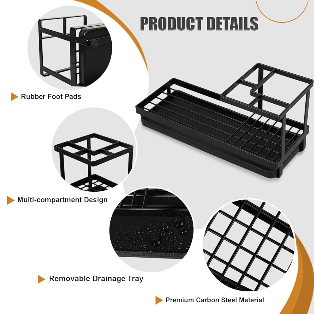 HASTHIP® Toothbrush Holder with Pull-Out Drip Tray, Water Cup Drain Organizer Rack for Bathroom, Modern Minimalist Metal Toiletries Stand, Multi-Grid Storage for Toothpaste & Cups, Durable, Black