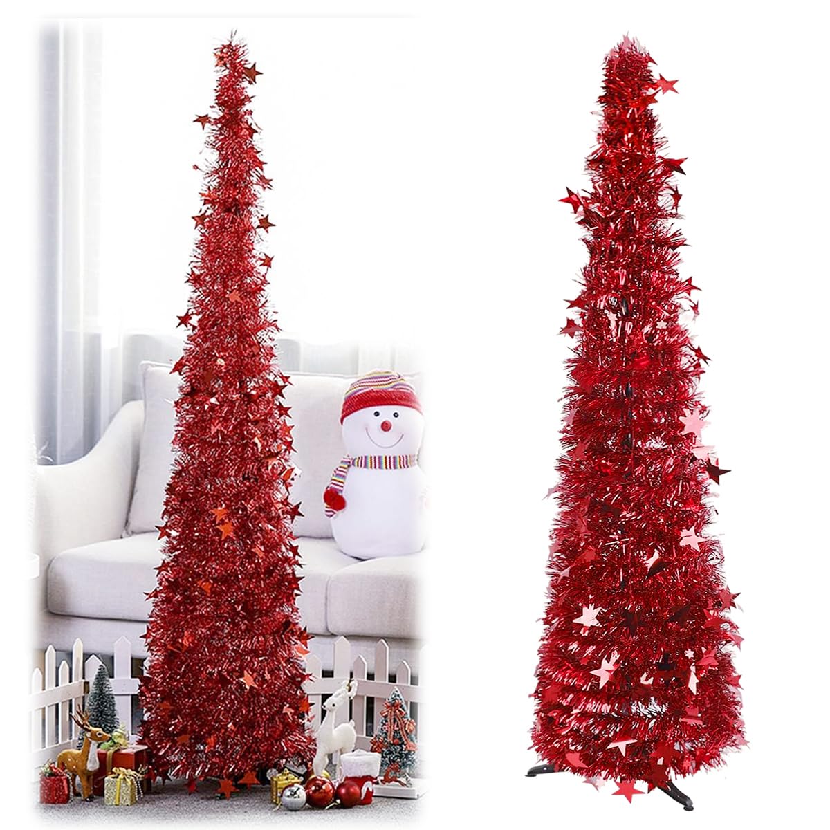 HASTHIP® 1.5m Sparkling Red Christmas Tree Tinsel Garland Red Christmas Tree Festival Party Home Decor DIY Assembly Red Christmas Tree for Living Room, Balcony, Entryway, Garden