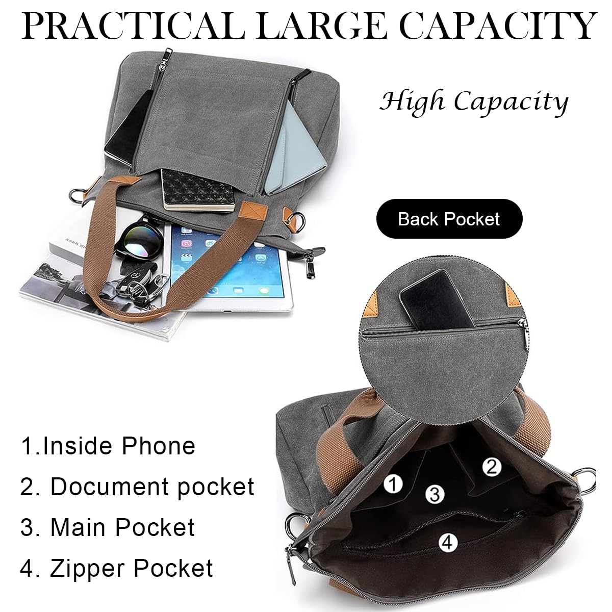 PALAY Handbag for Women featuring 35×12×32cm Large Capacity and Detachable Strap Grey Canvas | Ideal for School and Work