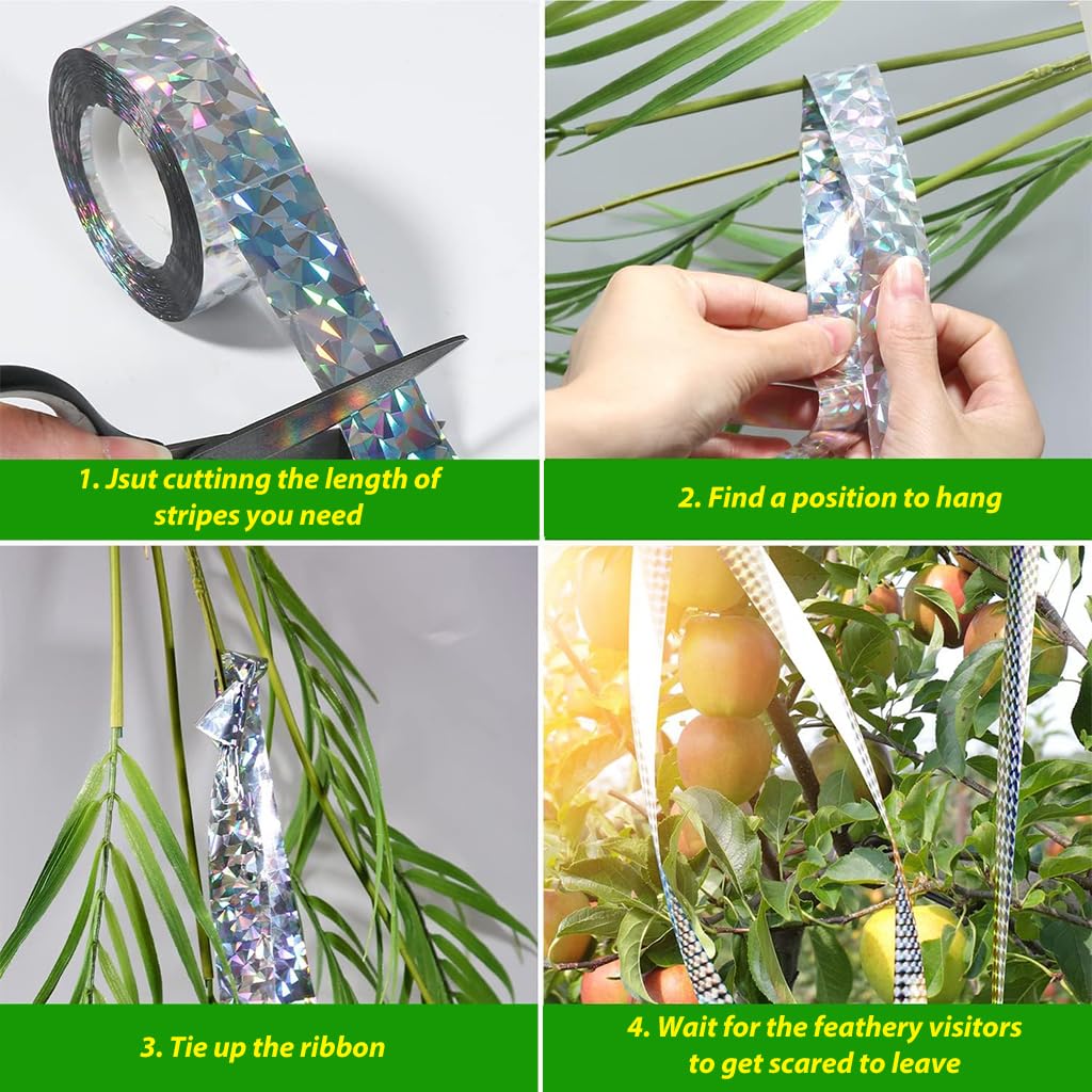 HASTHIP Bird Repellent Set for Gardens with 2.4cm x 80m Reflective Belt and Silver Pinwheels | Weatherproof PET Design