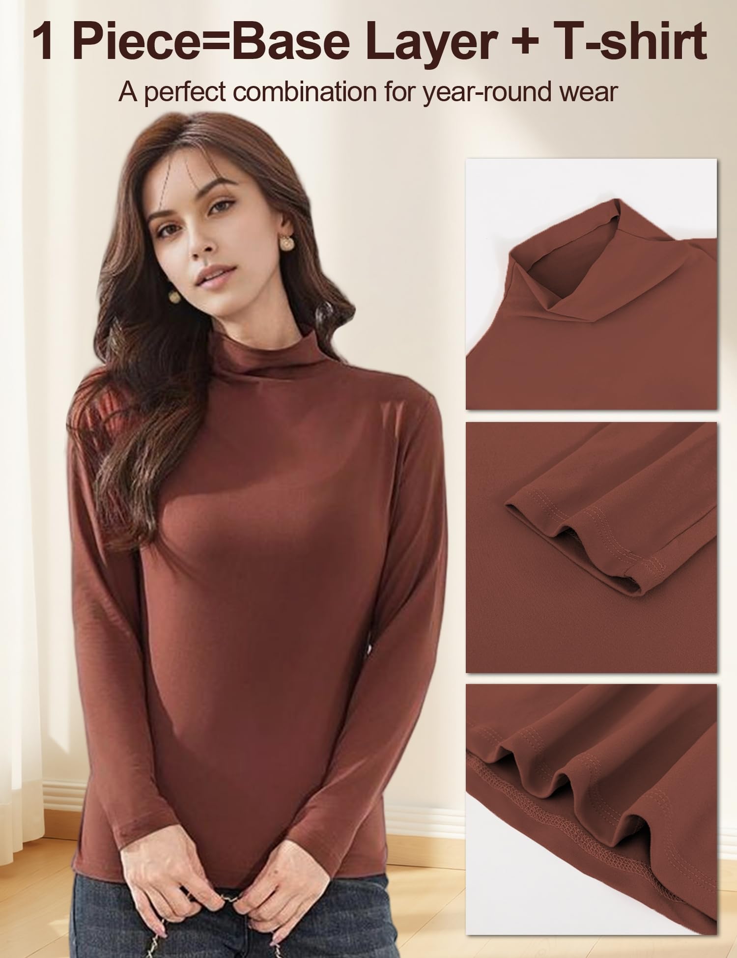 Venzina Women's Mock Neck Long Sleeve Top for Fall and Winter Layering | Soft Stretch Slim Fit Pullover in Rust Brown