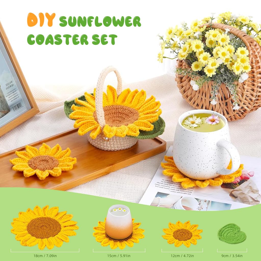PATPAT DIY Crochet Sunflower Basket Kit for Home Décor with 5Pcs Coaster Set | Yellow Cotton