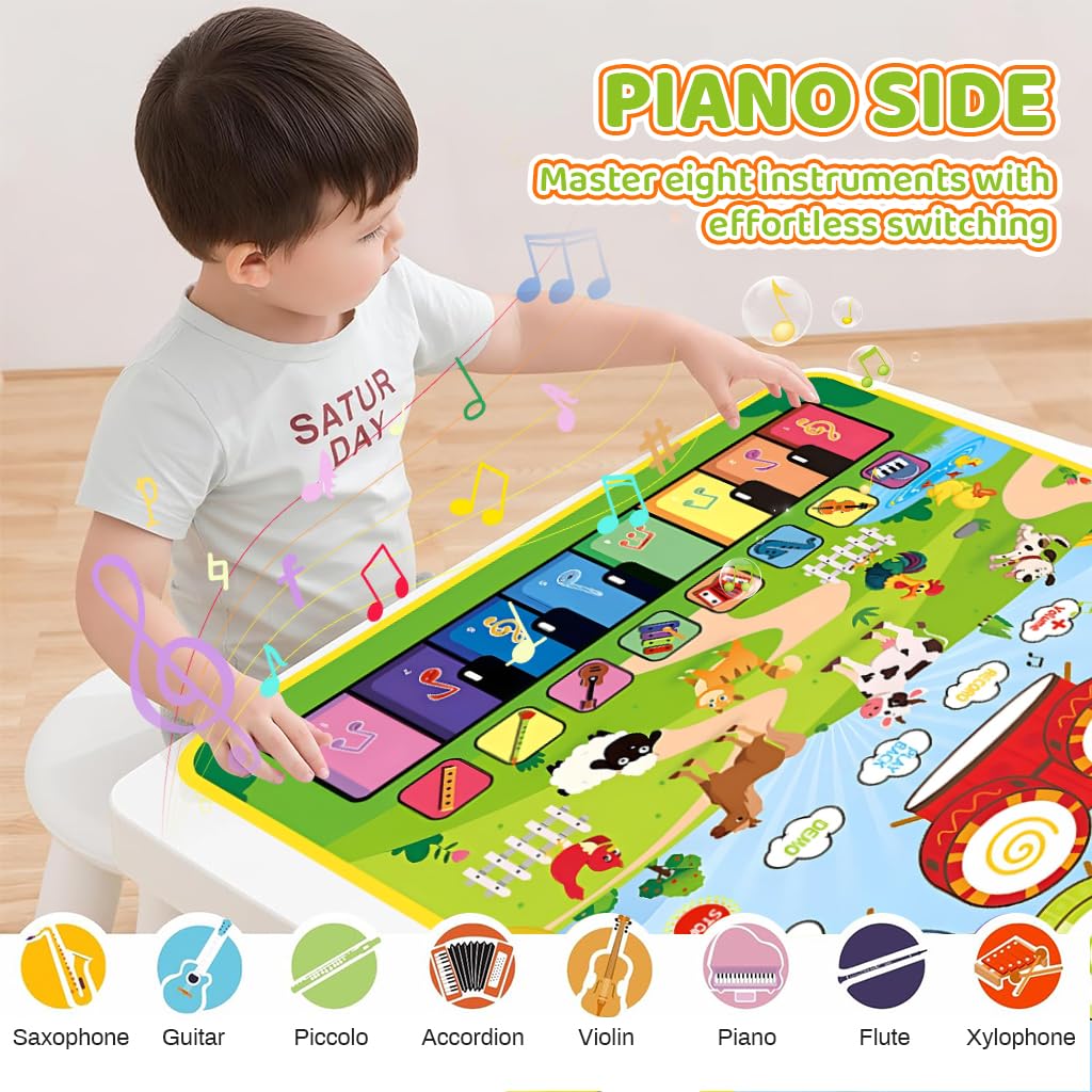 PATPAT 2 in 1 Drum & Piano Keyboard Musical Mat with Touch Sensitive Design 90×70CM for Toddlers | Ecofriendly Foldable Baby Music Toy