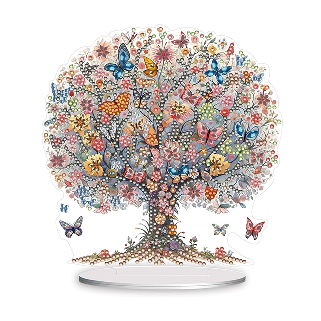 HASTHIP® 5D DIY Diamond Painting Kit Desk Decor with Base Colorful Life Tree Color Acrylic 5D DIY Diamond Art Painting Tabletop Ornaments Beginners 5D DIY Diamond Painting Kit Home Gift