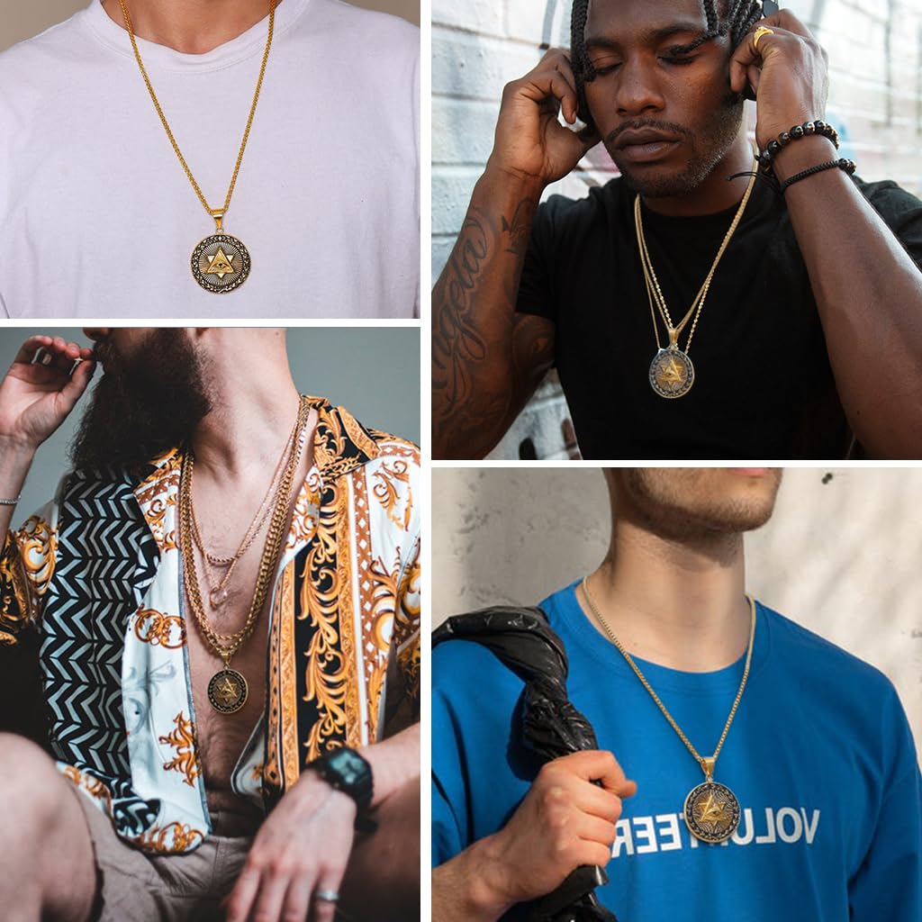 Proberos Eye of Providence Necklace featuring Embossed Golden Pendant for Men | Adjustable Alloy Chain