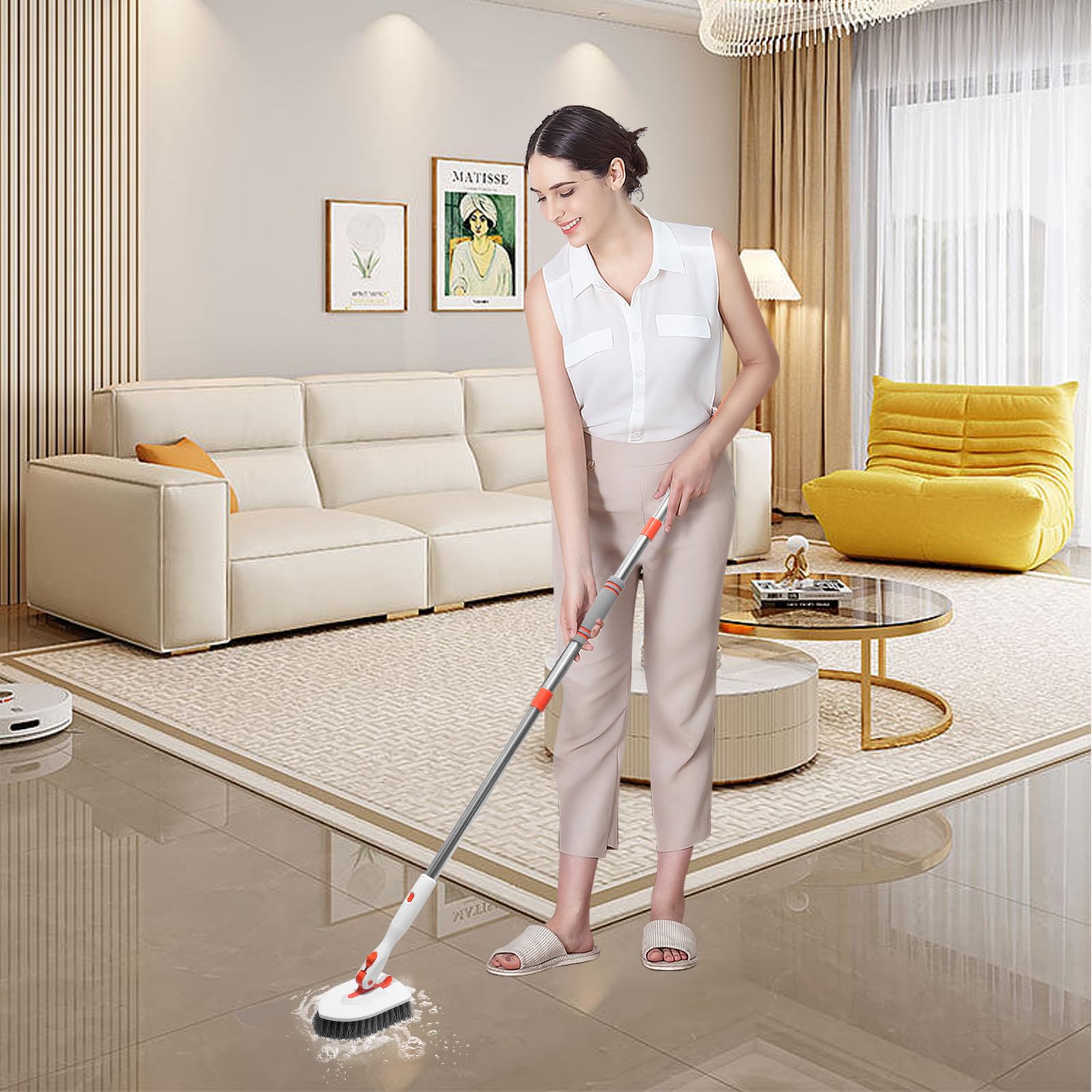 ZIBUYU Bathroom Cleaning Brush Kit for Tiles with 52 in Long Handle and 180° Swivel Head