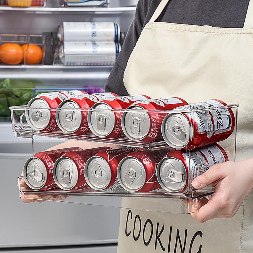 Zibuyu Rolling Beverage Can Rack Organizer for Fridge and Pantry featuring Dual Layer Slide‑Down Design with Clear PET Construction
