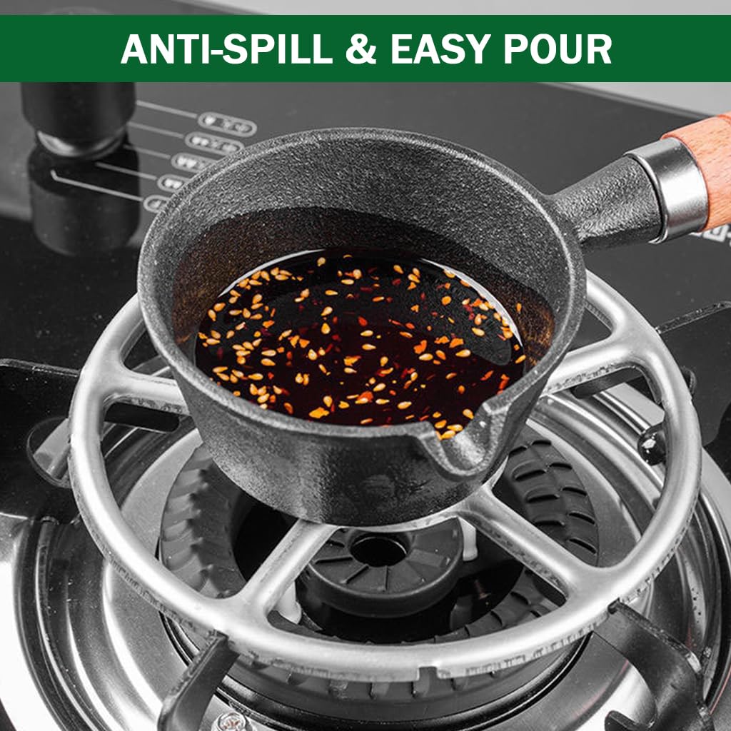 Supvox Cast Iron Tadka Pan for Oil Heating with Wooden Handle and Easy Pour Nozzle | 1 Liter