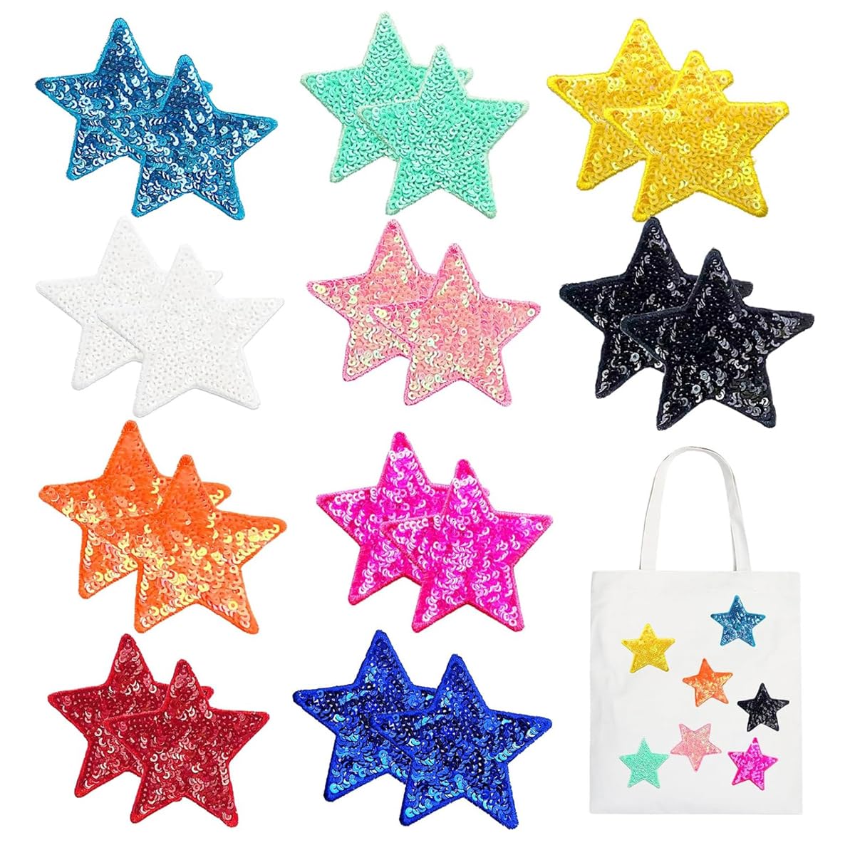 HASTHIP® 20Pcs Colorful Sequin Star Iron on Patches 10 Colors Shiny Sequin Star Patches Embroidery Sequin Patches 2.4 inches Sequin Star Iron on Patches for Clothes Hats Backpack Bag