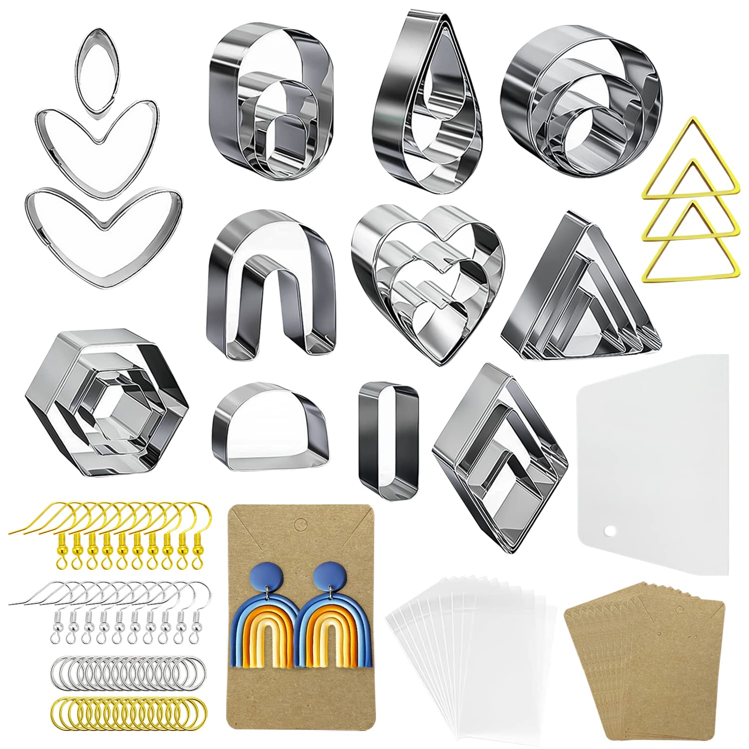 MAYCREATE® 132Pcs DIY Polymer Clay Molds for Earring Making Jewelry Making Cutter Mold with Earring Cards, Earring Hooks Stainless Steel Clay Earring Cutters Set with 13 Shapes & Various Sizes