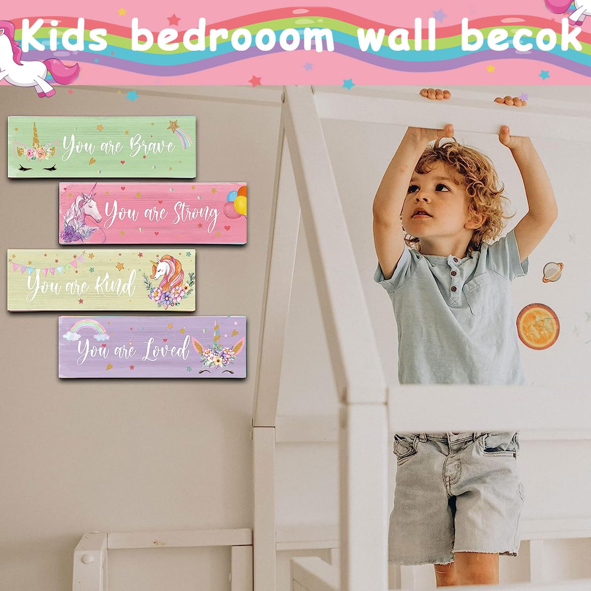 HASTHIP Unicorn Rainbow Wall Decor for Girls Room with Triangular Hooks and 11.8×3.9 in Wooden Signs | Set of 4 Inspirational Bedroom Decorations