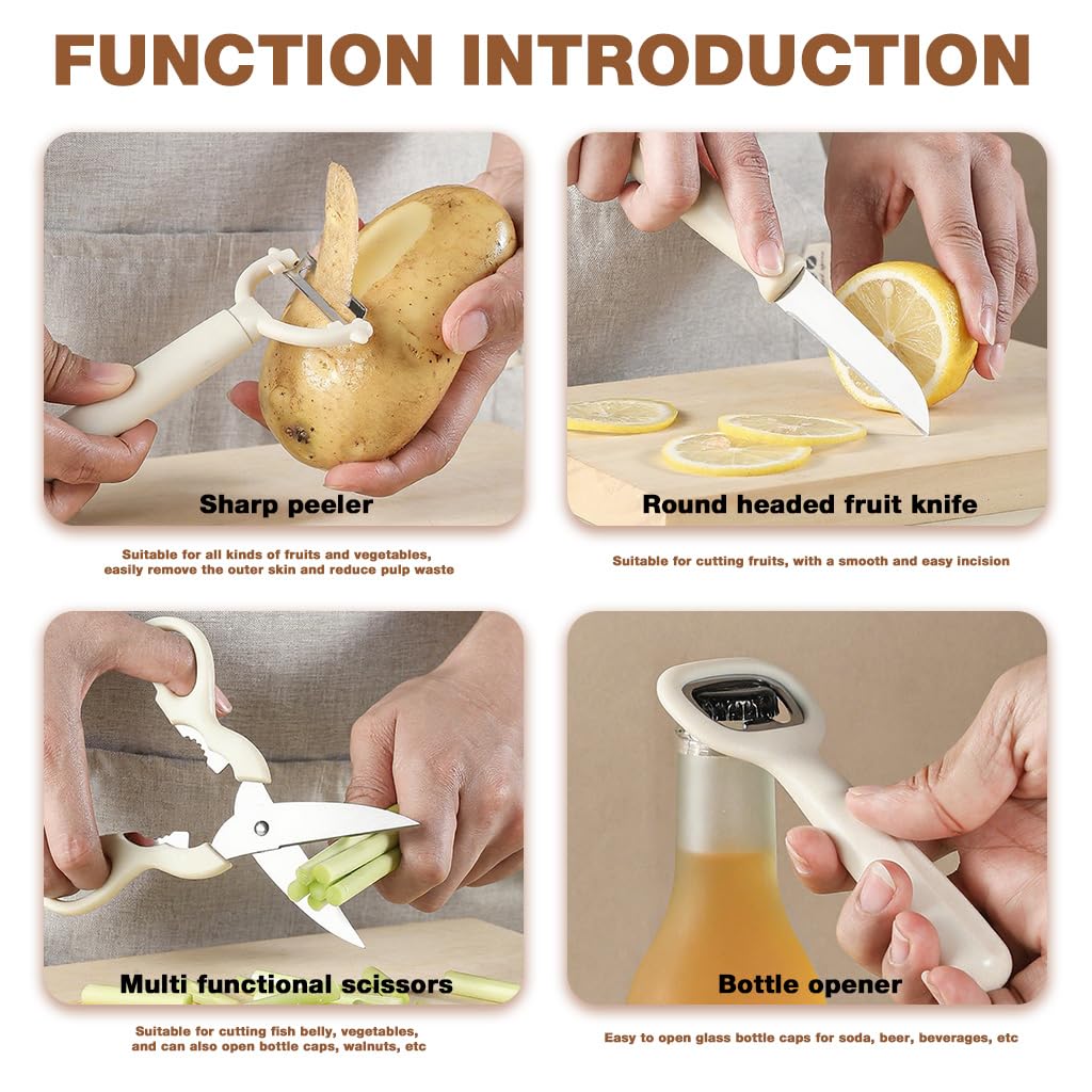 Supvox Kitchen Utility Tools 5 in 1 Set with No Drill Wall Organizer and Ergonomic Handle | Stainless Steel Shears and Fruit Cutter