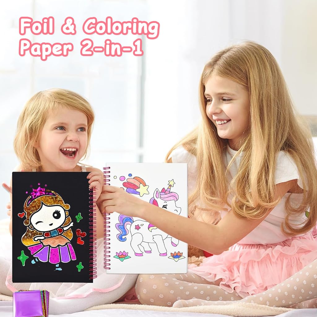 PATPAT DIY Foil Art Coloring Book for Kids with 16 Cartoon Patterns and 80 Glitter Foil Papers | Includes Scratching Stick and 8 Color Pen