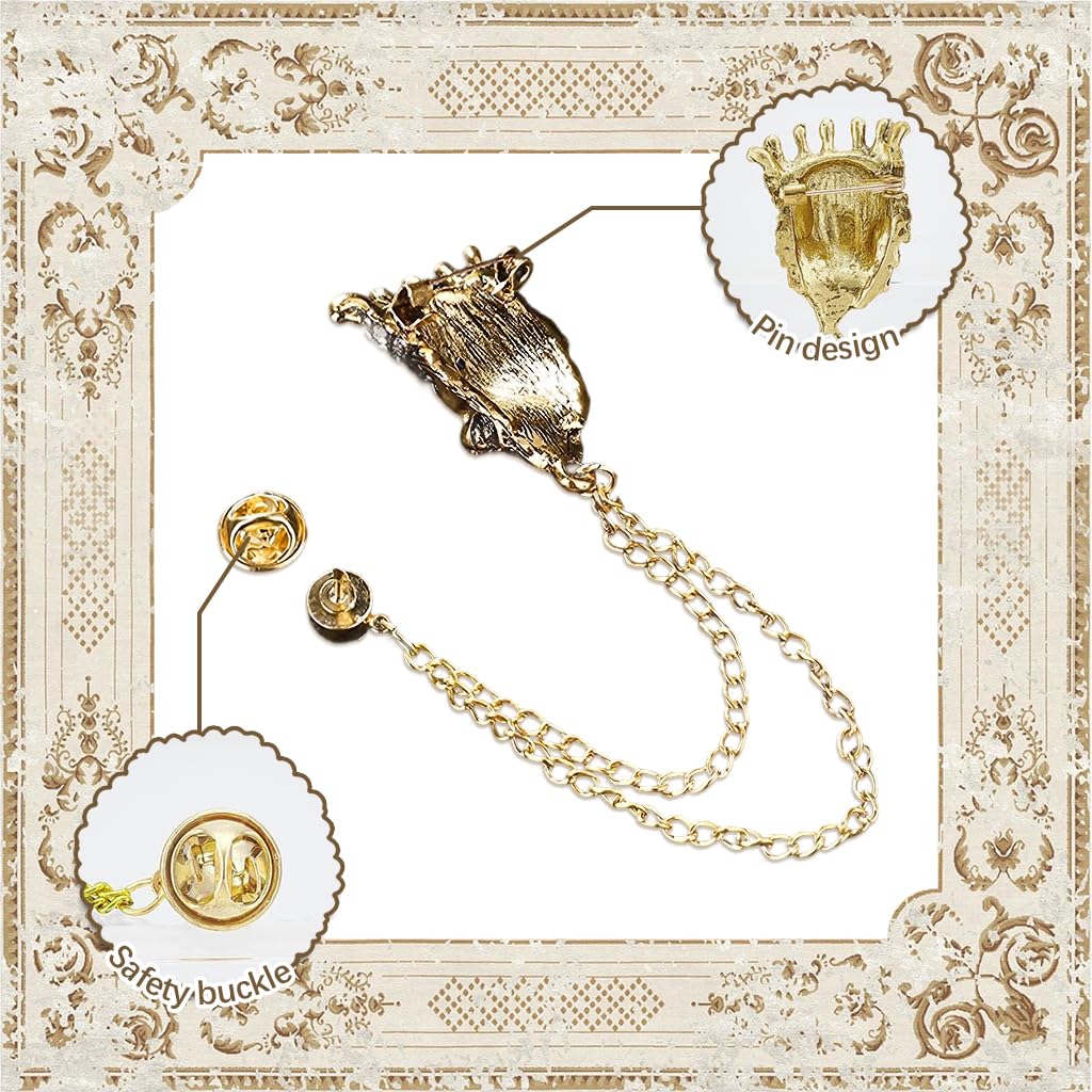 SANNIDHI Men's Vintage Crown Lion Brooch for Suits with Tassel and Rhinestone Embellishment