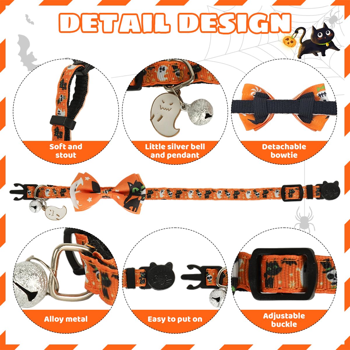 Qpets Halloween Cat Collar with Bell featuring Orange Skeleton Prints and Quick Release Buckle
