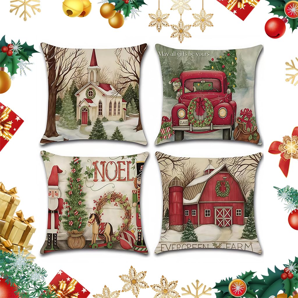 HASTHIP Christmas Pillow Covers for Couch and Bedroom with Hidden Zipper 17.7x17.7 in | Cotton Linen Set of 4