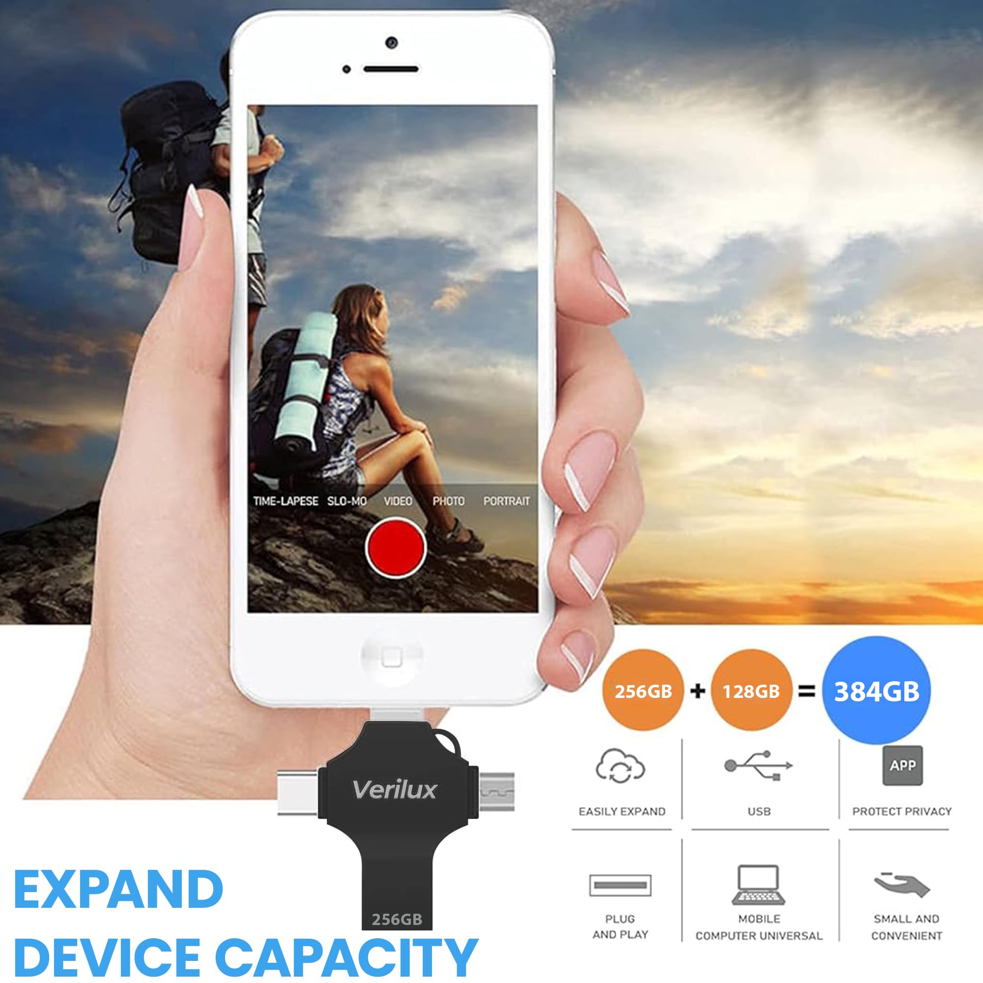 Verilux Pendrive 256GB for iPhone and Android featuring 4 in 1 USB A Type C ports | Black