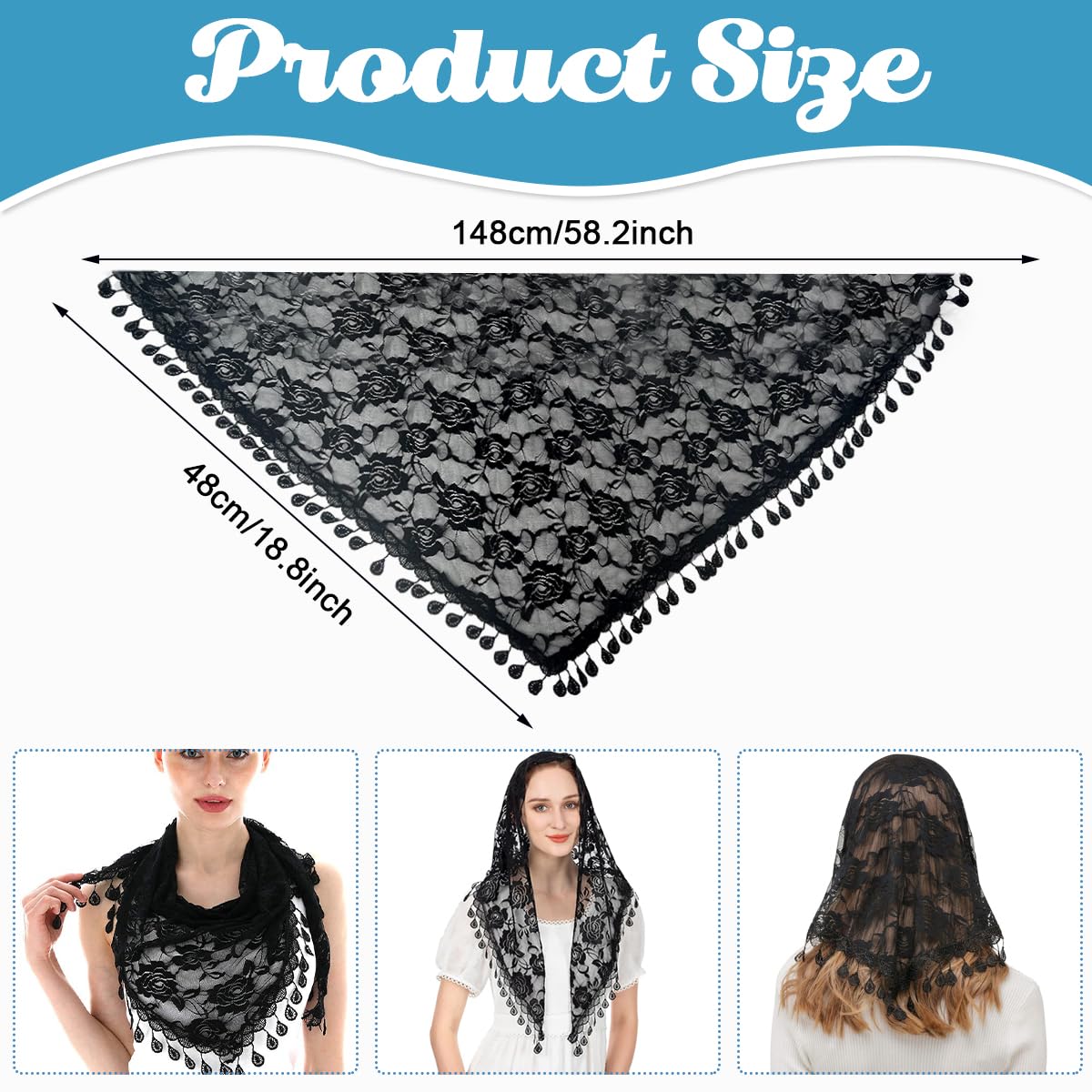 PALAY® Triangle Lace Mantilla Veil Head Scarf Church Veil Mass Veil for Women Embroidery Rose Tassel Ladies Cathedral Head Covering for Mass Wedding Bridesmaids - Black