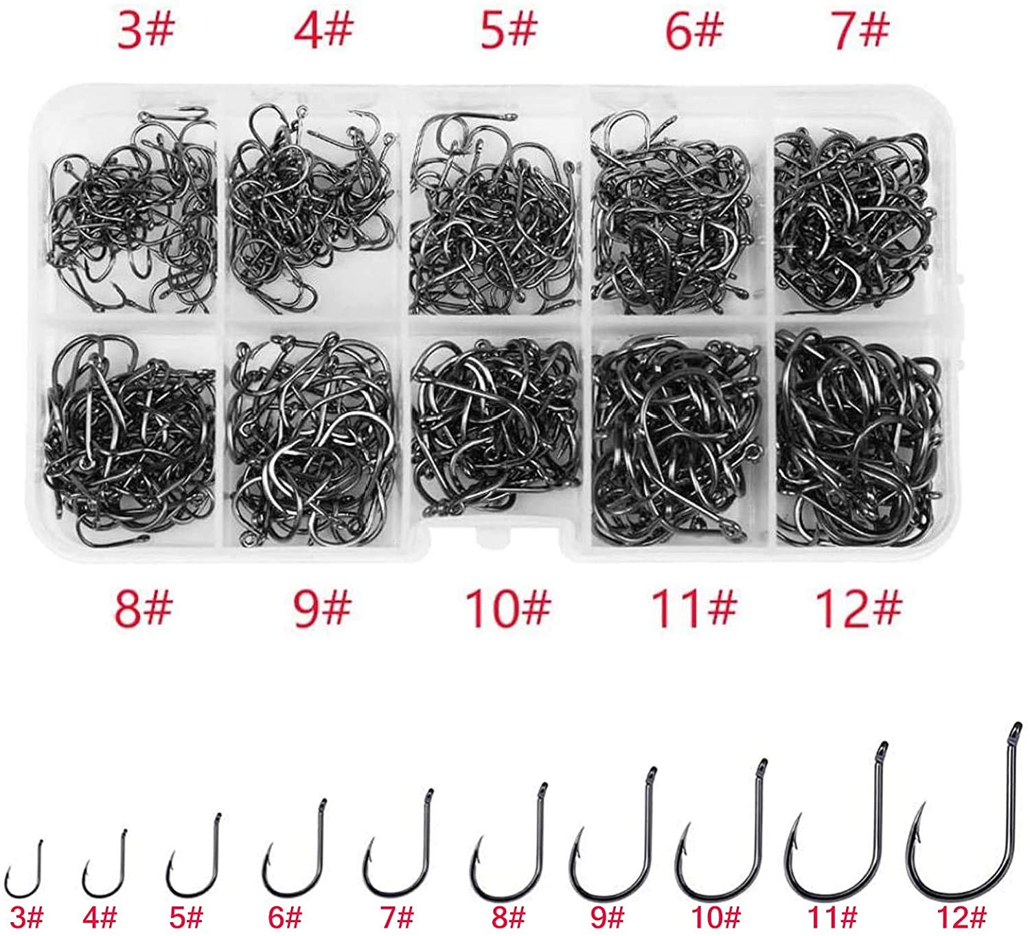 Proberos  500pcs High Carbon Steel Fishing Hooks with Plastic Box, 10 Sizes Fish Hook with Barbs for Freshwater/Seawater, 3# - 12#(50pcs/ Size)