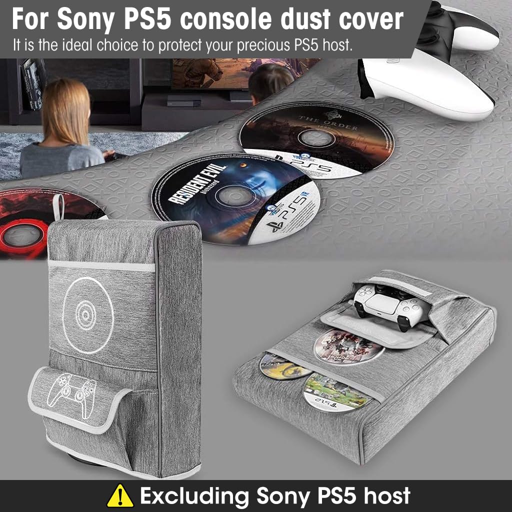ZORBES PS5 Dustproof Cover with Game Controller Pocket and Cable Port Access | Grey Nylon