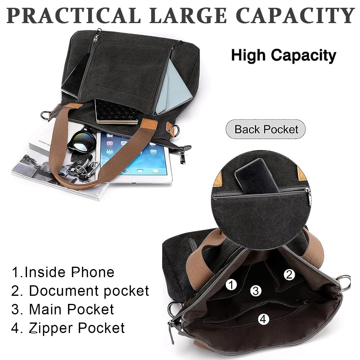 Venzina Handbags for Women with Detachable Strap and Zipper Canvas Tote Bag | Black Crossbody