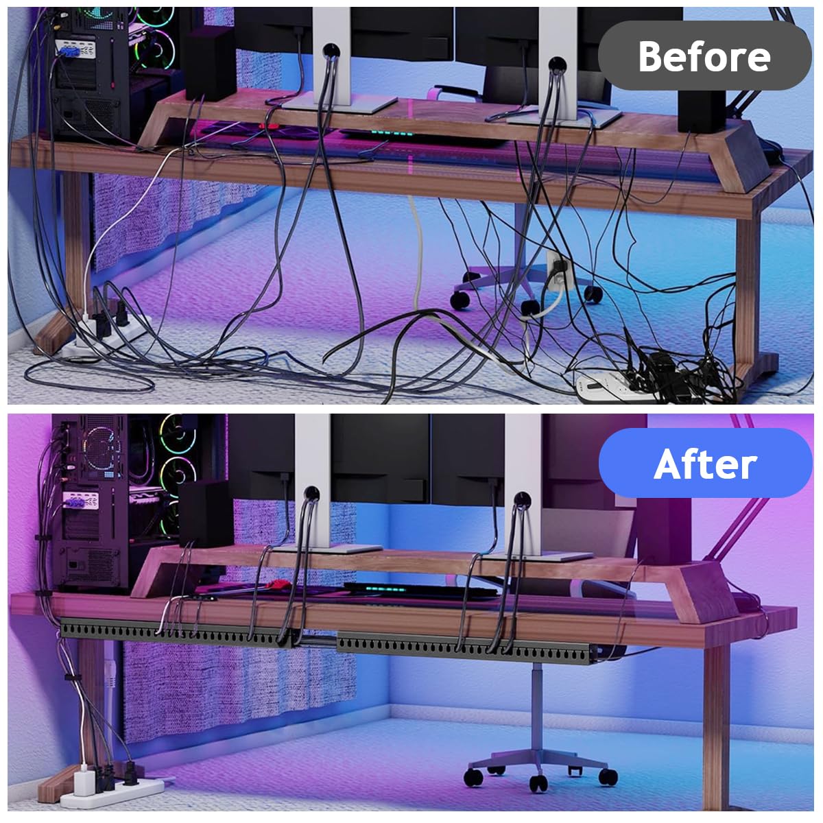 Serplex Cable Raceway for Under Desk Cable Management with Side Eyelets | 2Pcs 15.7 in PVC Kit