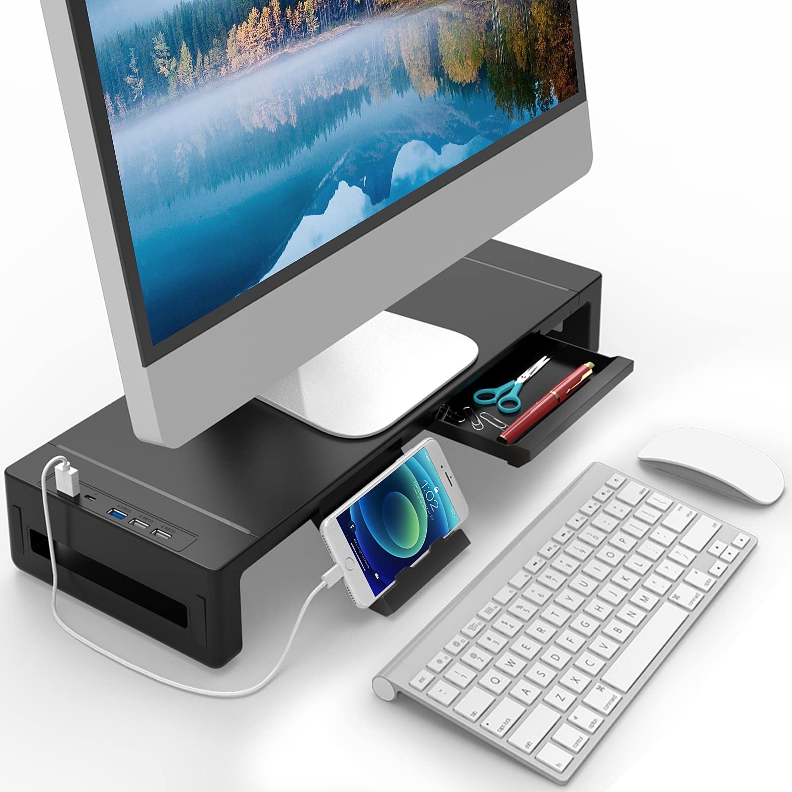 ZORBES Monitor Riser for Desk with USB A and C Ports and Mini Drawer | Adjustable 52cm Stand