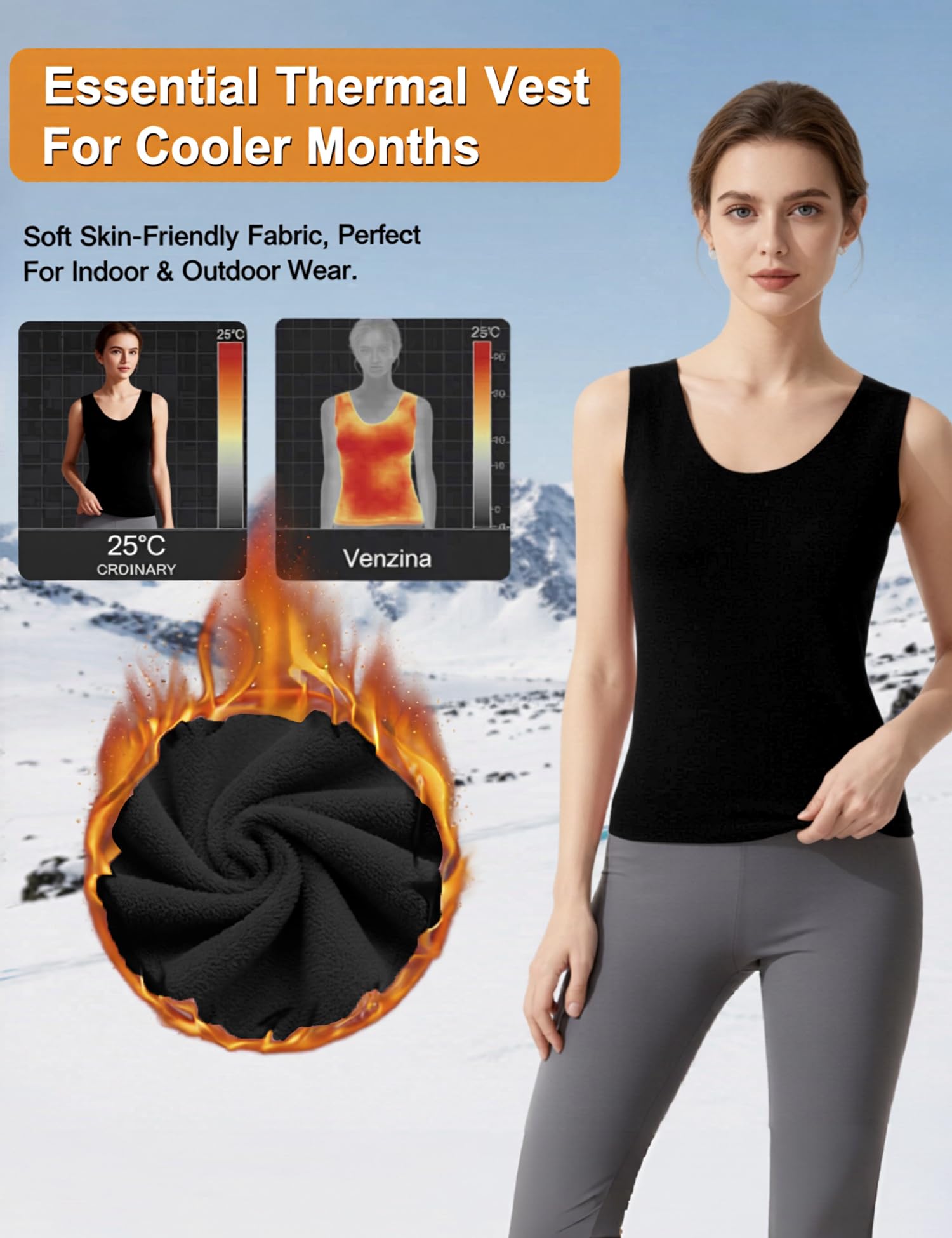 Venzina Women's Seamless Thermal Vest with Fleece Lining for Winter Layering | Black-L