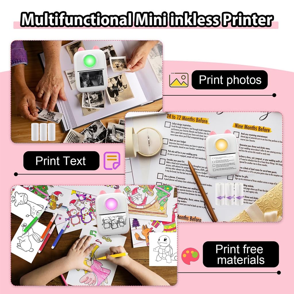 ZEITEL Mini Bluetooth Thermal Printer for Android and iOS with LED Light and 13 Roll Paper | 200DPI Inkfree Portable Label Maker