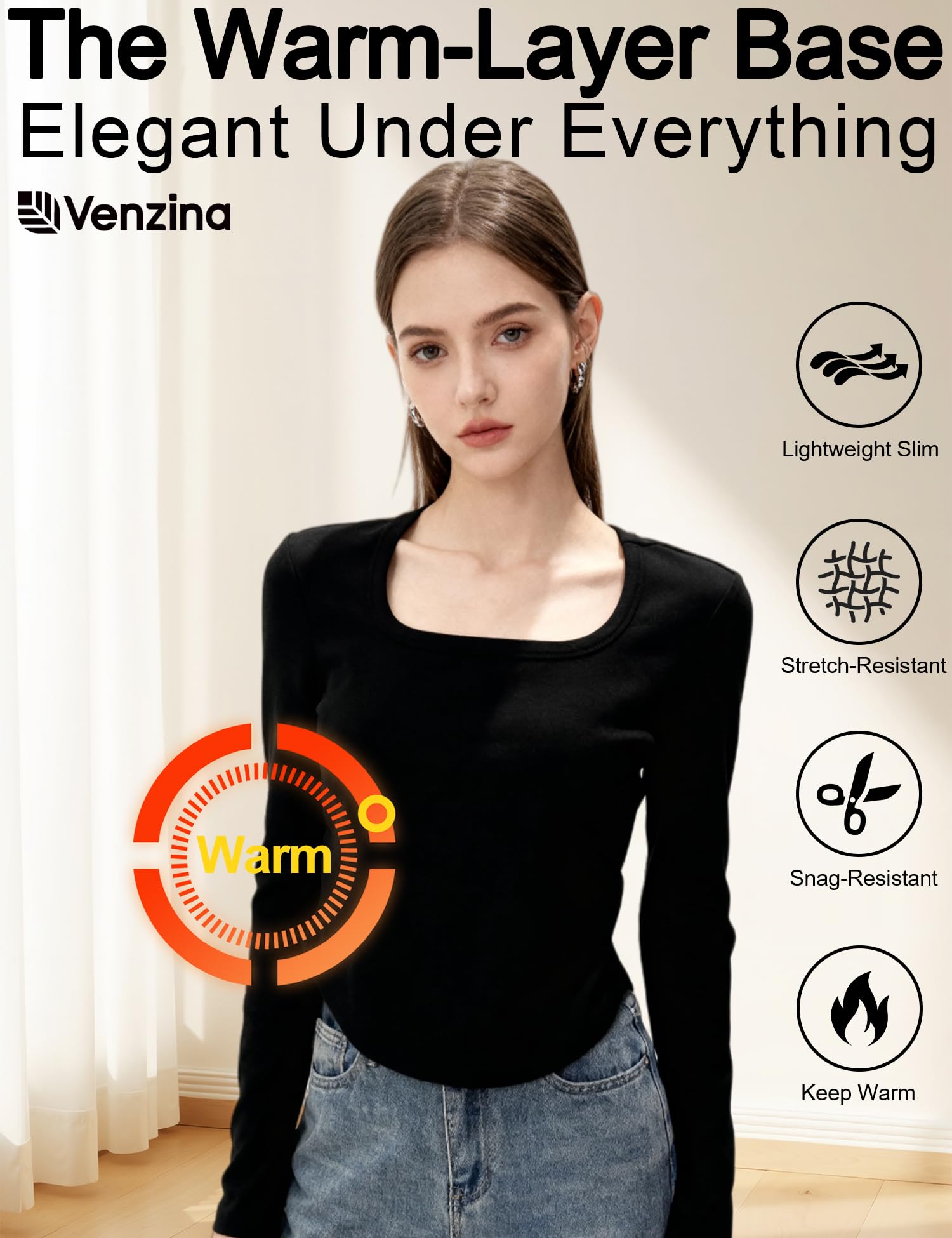 Venzina Women's Thermal Top for Fall and Winter with Double-Sided Fleece Warmth | Black XL