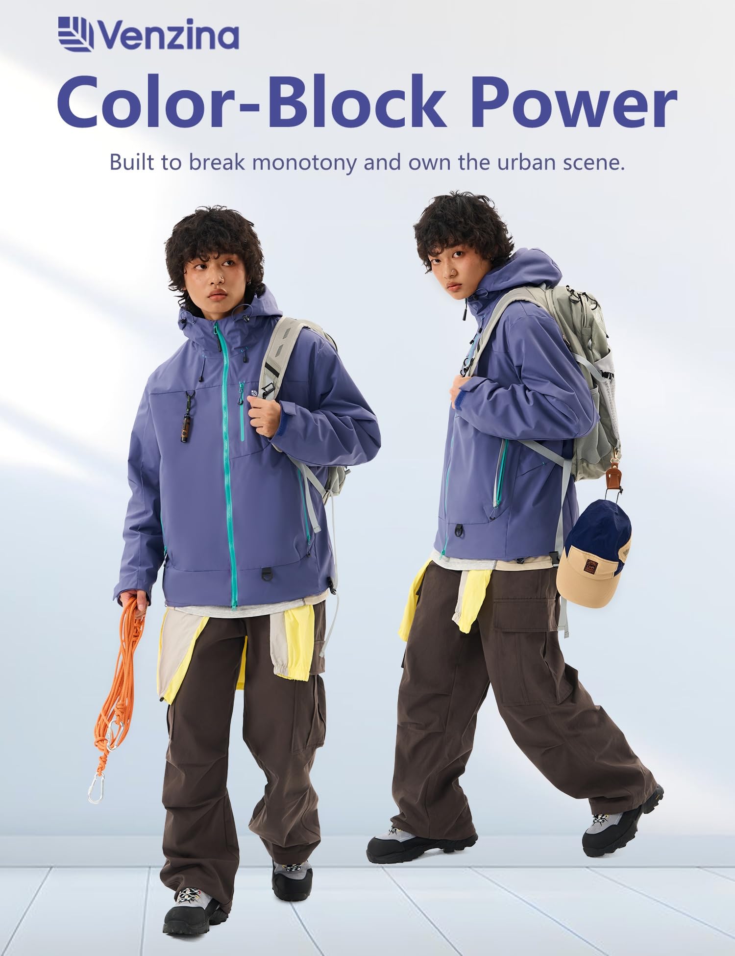 Venzina Men's Waterproof Rain Jacket for Commuting with Breathable Windproof Fabric | Purple