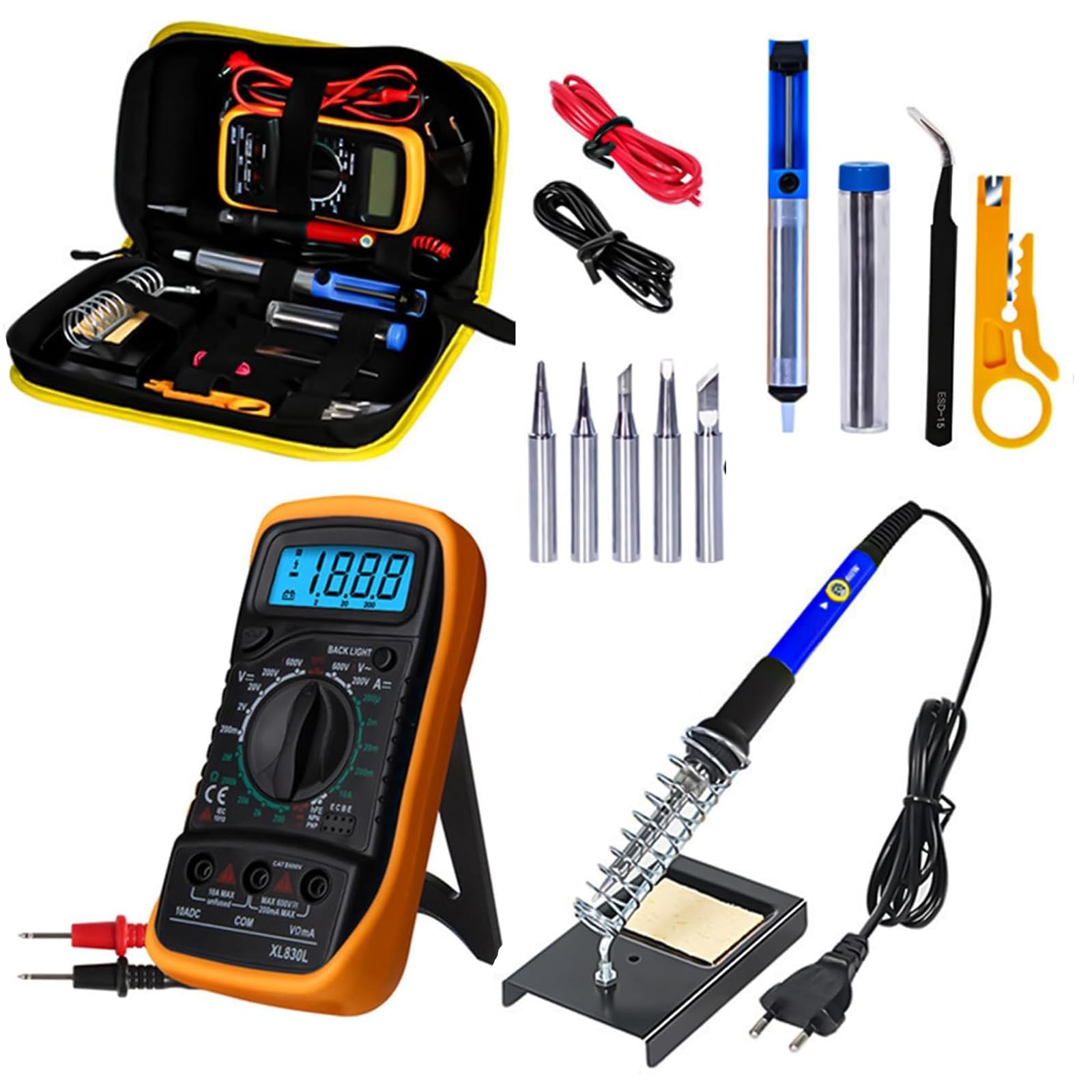 Serplex® 16PCS Soldering Iron Kit, 60W Adjustable Temperature, Digital Multimeter, 5pcs Soldering Tips, Wire, Stand, Desoldering Pump, Tweezers, Soldering Iron, Welding Tool (Battery not included)