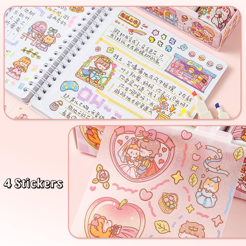 HASTHIP Scrapbooking Sticker Tape Set for DIY Art and Album Decoration with 4 Rolls and 4 Sheets | Cute Kawaii Cartoon Designs in Pink