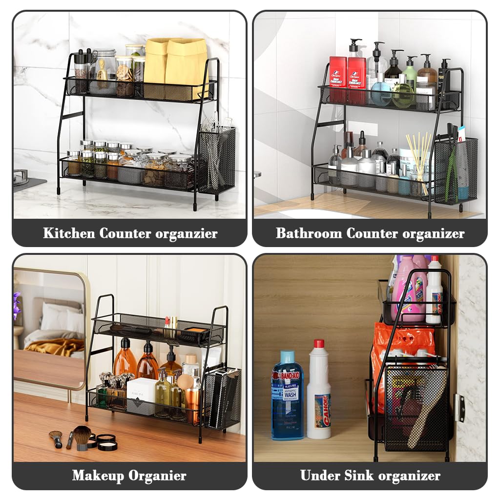 HASTHIP Desk Organizer Rack for Office and Kitchen Use with Double Layer Storage 35.5x20x33 cm | Metal Mesh Design and Side Hanging Case