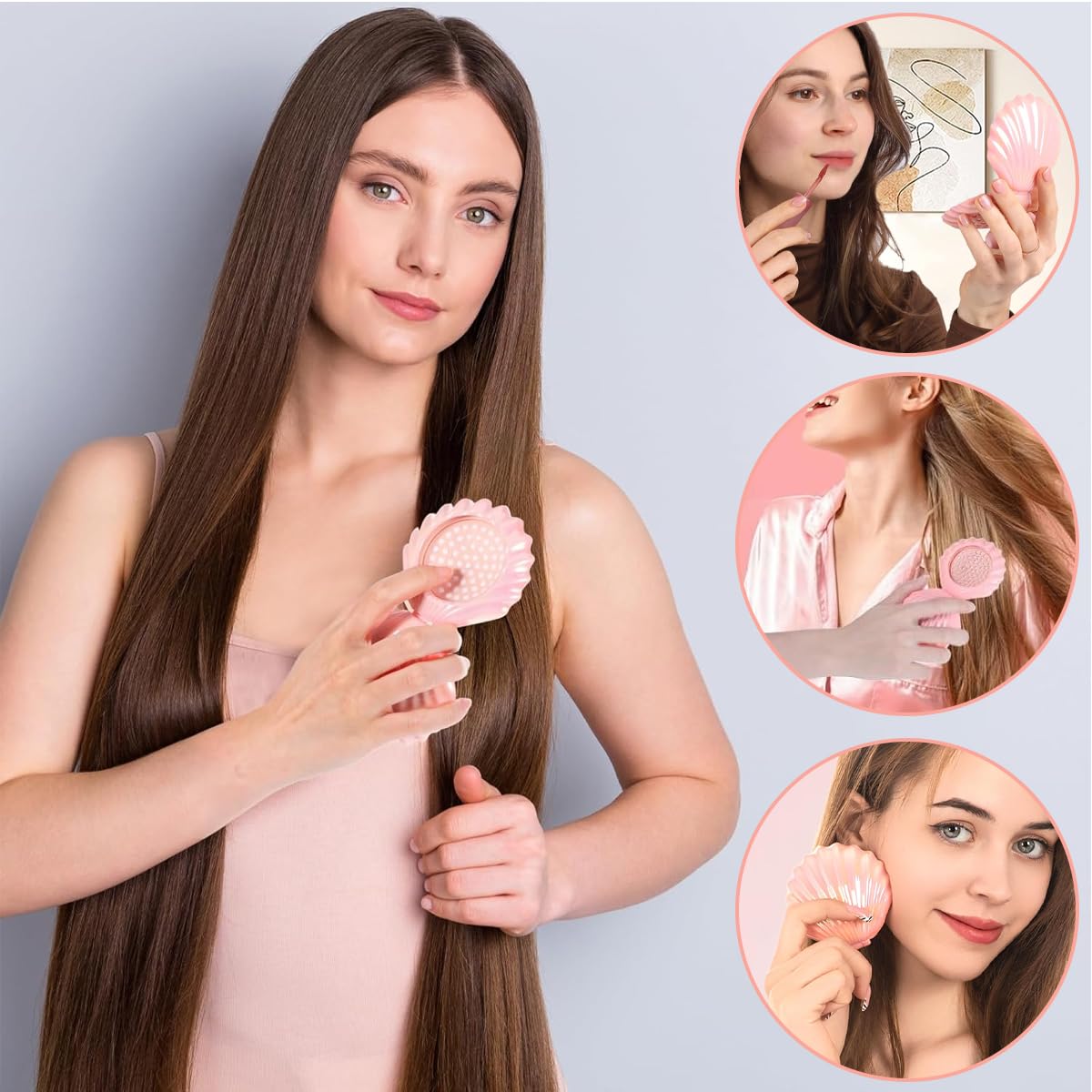 MAYCREATE Portable Comb for Travel with Built-In Mirror and Scalp Massage Brush | Pink Seashell