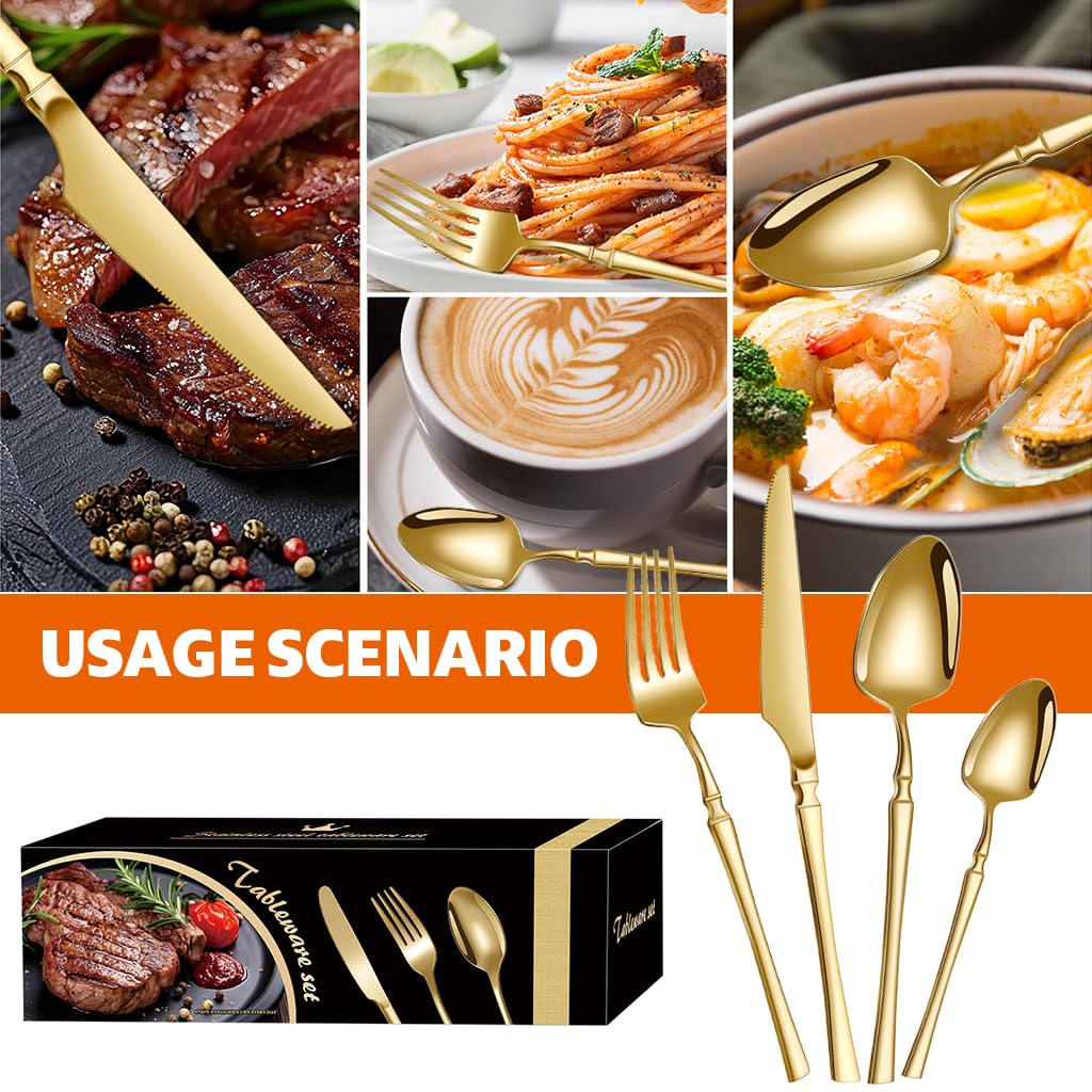 Supvox Cutlery Set for Dining Table with 24Pcs Stainless Steel & Golden Mirror Finish | Ergonomic Handle Gift Set