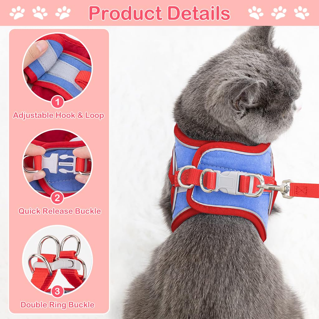 Qpets® Cat Harness with 1.5m Leash, Cat Belt Adjustable Size Breathable Cat Vest Strap with Safety Reflective Strip, Cat Leash with Harness for Small Cat and Dog (M, Red)