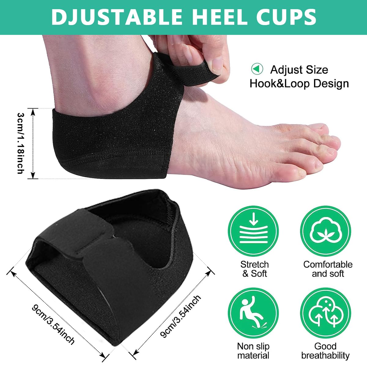 HANNEA® 1 Pair Heel Protectors, Plantar Fasciitis Heel Cups with Silicone Gel Toe Cap, Heel Cushions Protectors Adjustable Breathable Heel Pads for Women Men Heel Cracked Pain Relief