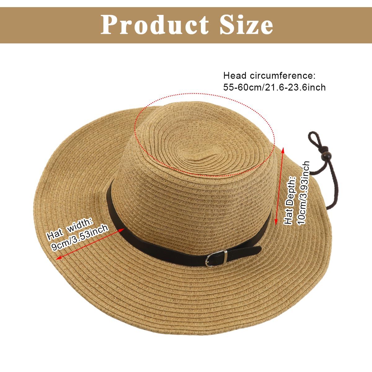 Proberos Men's Straw Panama Hat for Outdoor Use with Wide Brim UV Protection | Adjustable Chin Strap