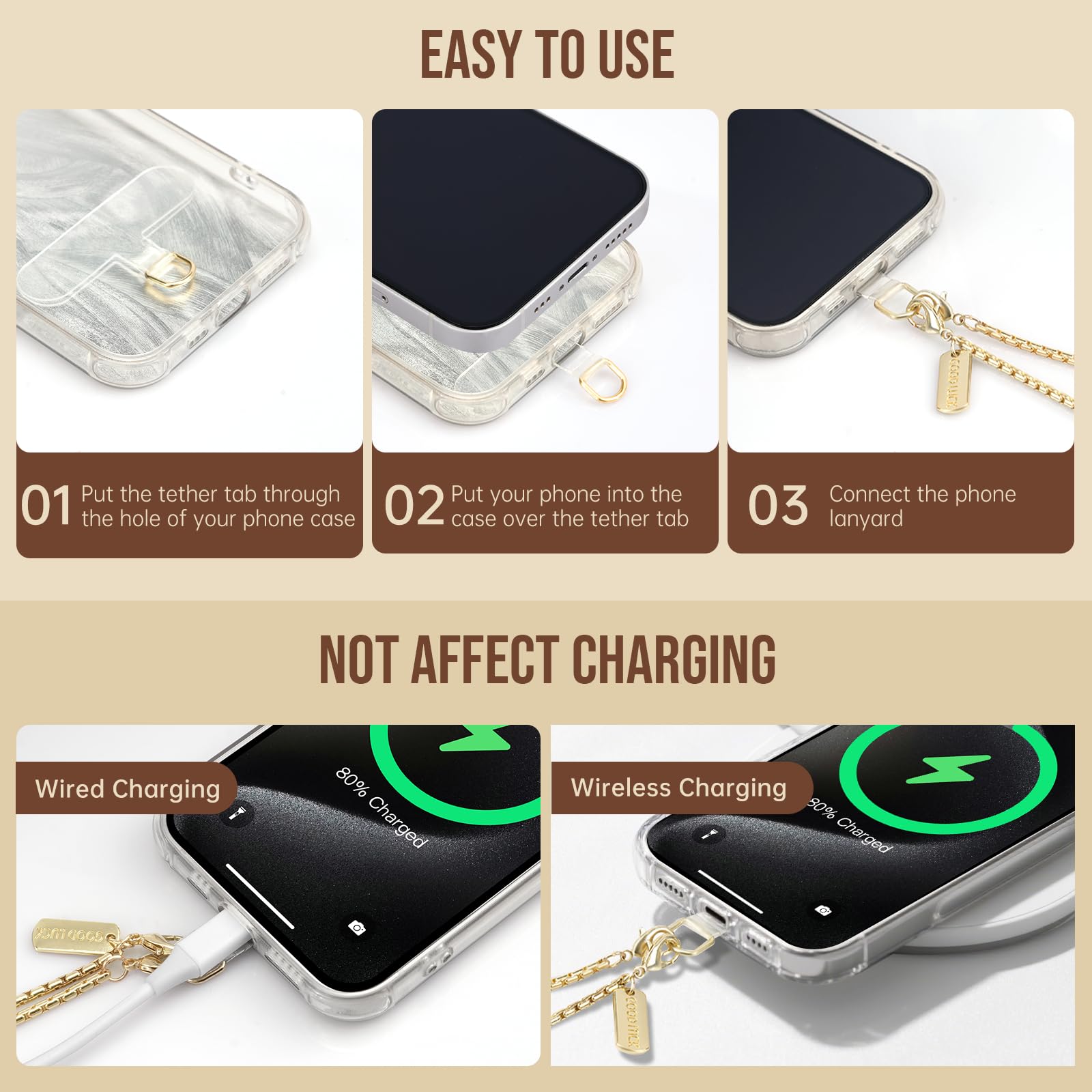 ZORBES Metal Phone Strap Lanyard for Daily Use with Secure Tether Tab and Golden Charm | Fashion Decorative Accessory