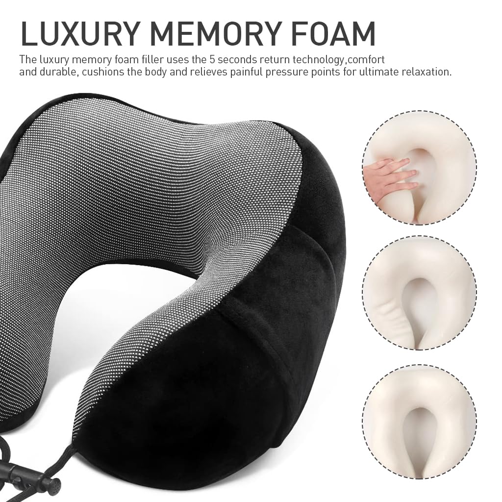 ZIBUYU Memory Foam Neck Pillow Set U-shape Neck Pillow Airplane Travel Sleeping Neck Pillow Set with with Eye Mask, Ear Plugs & Storage Bag