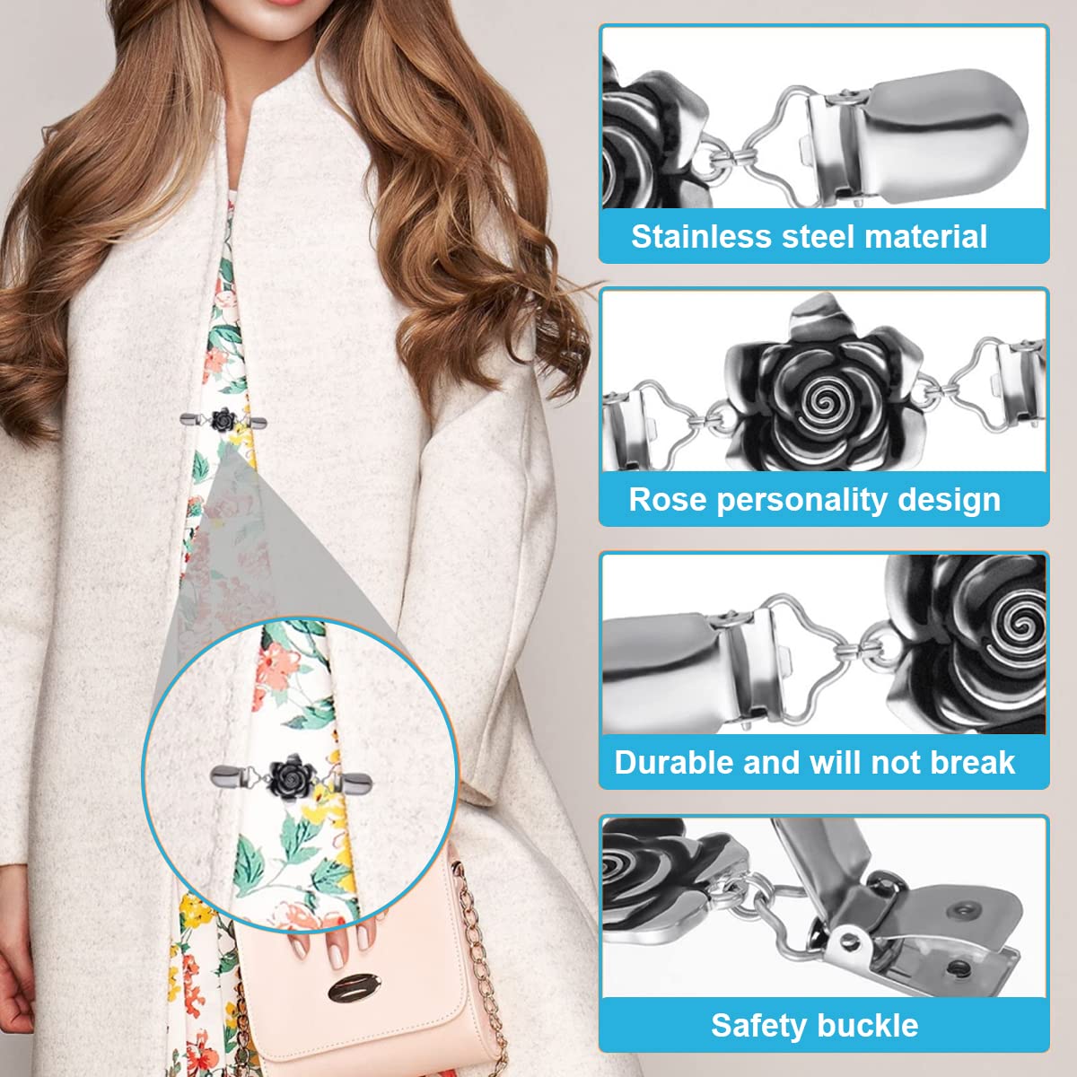 SANNIDHI Sweater Shawl Clips Set for Cardigans and Dresses featuring Proper Clamp Force 4.3 in Metal Flower Design | 4 Pack for Women