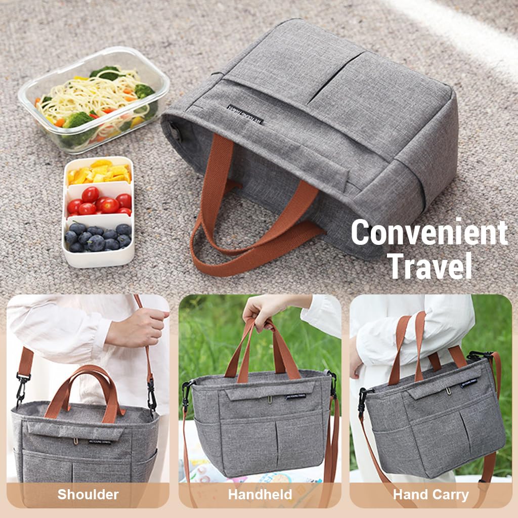 HASTHIP® Lunch Bag Insulated Lunch Tote with Handle & Removable Shoulder Strap Grey Oxford Cloth Insulated Lunch Tote Bag Multi-pocket  Lunch Bag Multi-purpose Lunch Tote Bag, 23x15x20cm