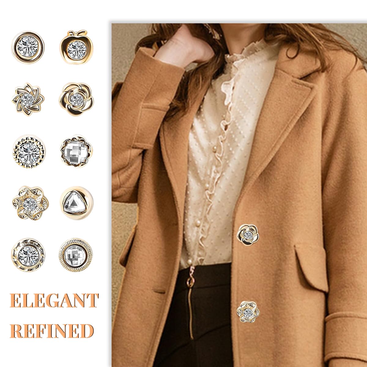 SANNIDHI Brooch Buttons for Clothes featuring 50 Pairs with Latch Pin Design and Rhinestone Alloy | No Sew Detachable Shirt Accessories