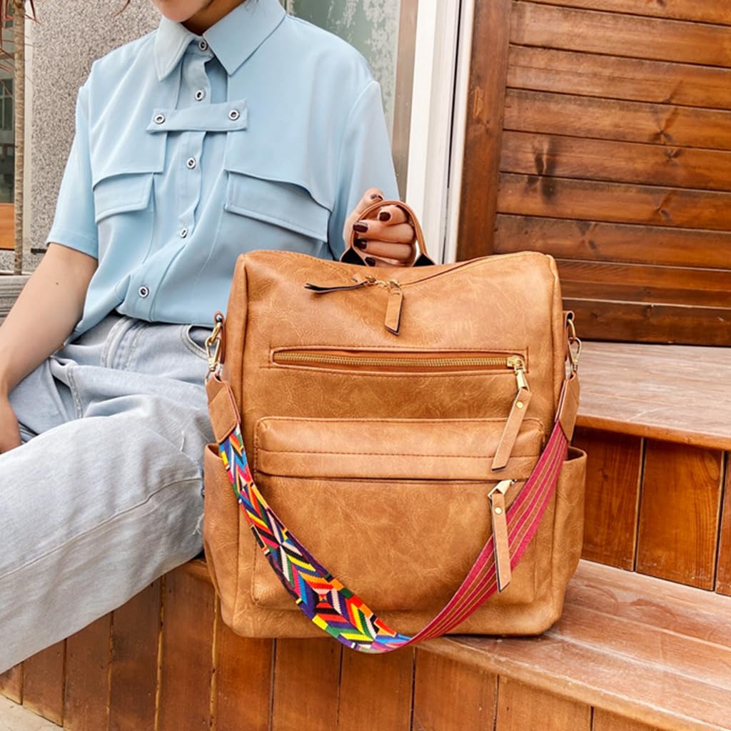 ZIBUYU Women Backpack for Travel and Office featuring Hidden Zipper Pouch | Light Brown PU Leather