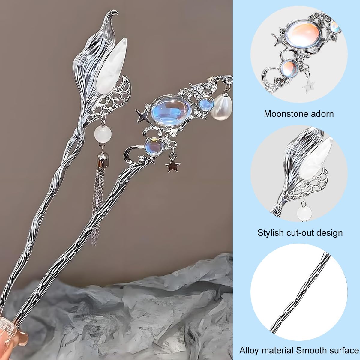 SANNIDHI Hair Sticks for Women featuring Star Motifs and Silver Metallic Alloy | Set of 5