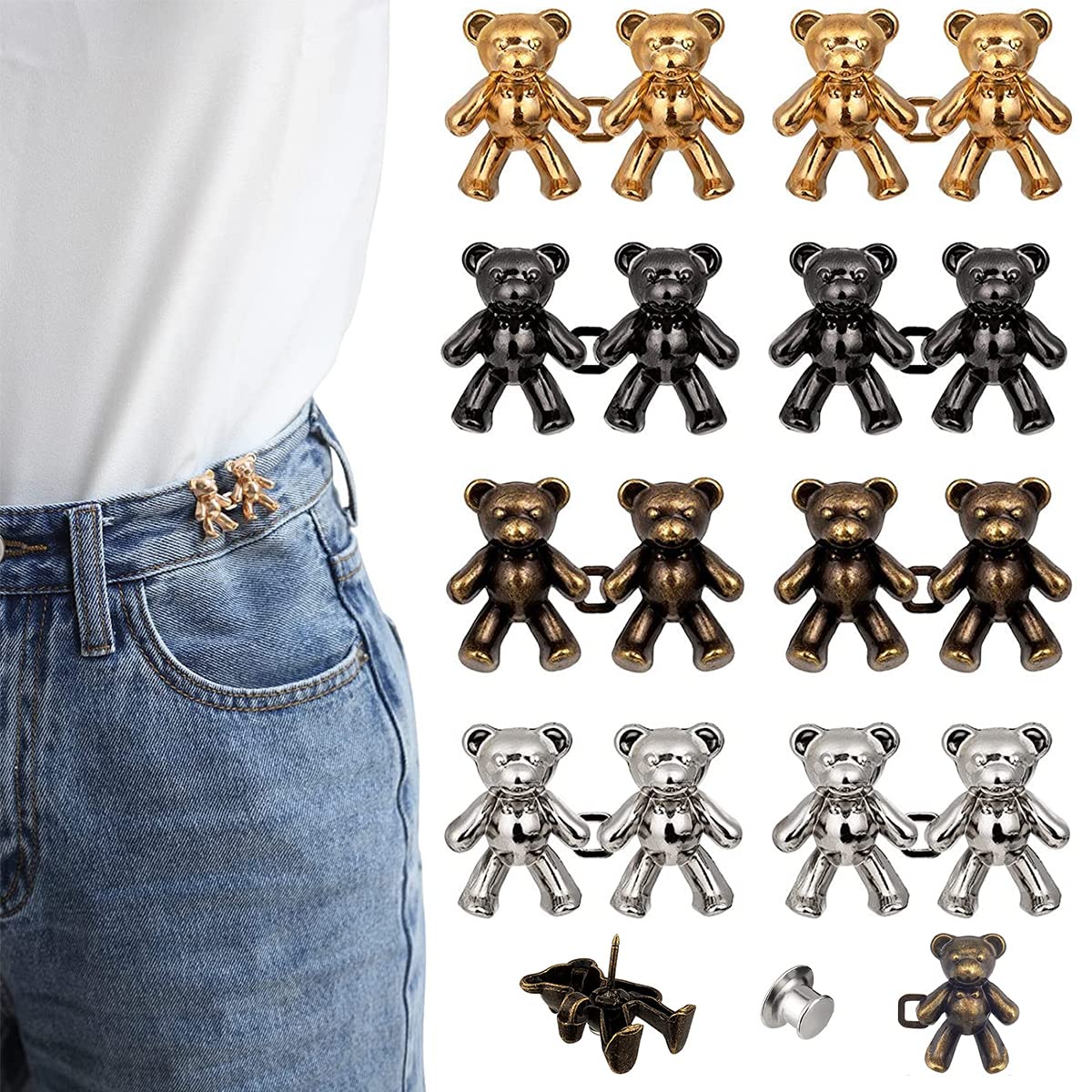 SANNIDHI 8 Pairs Detachable Jeans Button Cute Bear Button Pins for Jeans, No Sew Instant Adjustable Waist Buckle Loose Jeans Waist Adjuster Tightener for Skirt Pants