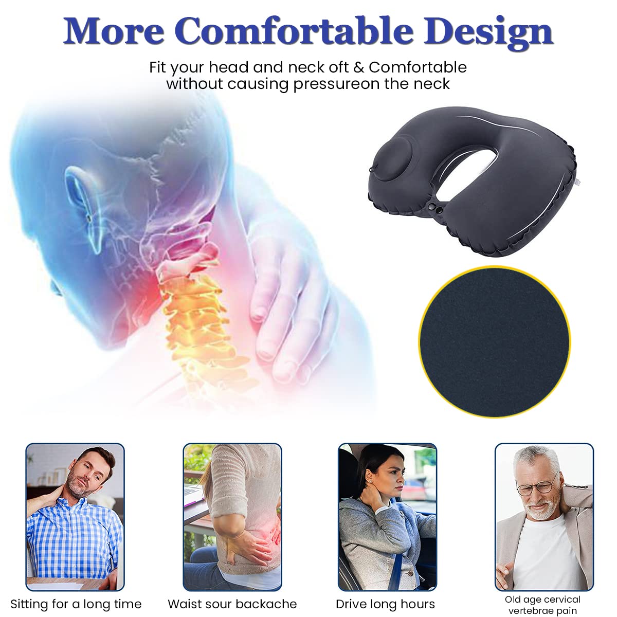 HANNEA Inflatable Travel Pillow for Neck Support with Built In Hand Pump and Soft Flocking Fabric