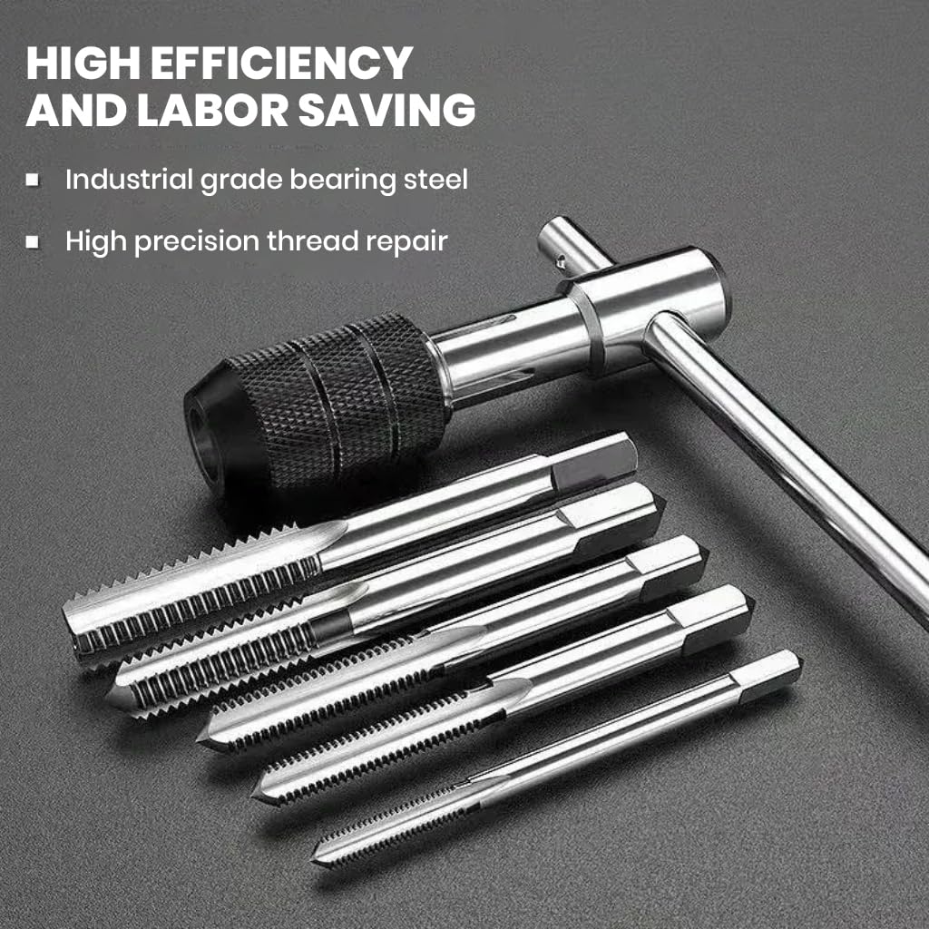 Serplex® 6Pcs Tap Wrench Tool Set, Adjustable T-Handle Ratchet Tap Holder Wrench Machine Screw Thread Metric Plug T-Taps with M3-M8 Taps for Metal/Aluminum/Plastic/Wood